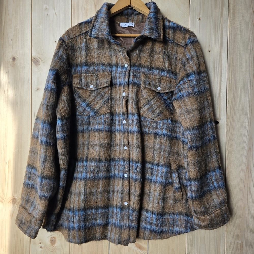 Bluivy Brushed Flannel Plaid Shacket Relaxed Fit Brown Blue Womens Large